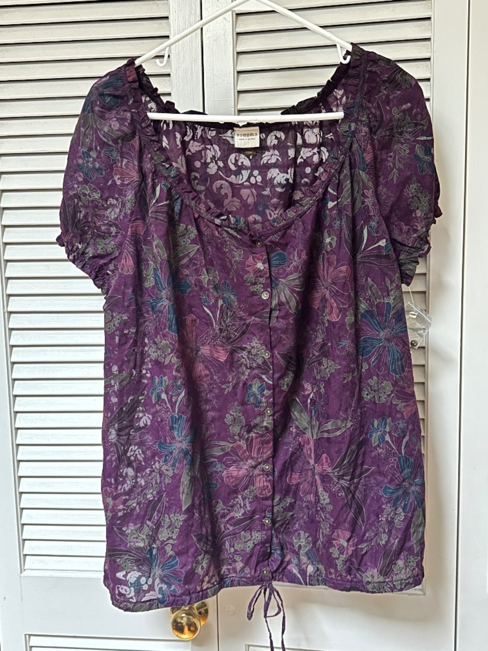 Sonoma Cotton Blend Sheer Dark Floral Blouse Buttons XL NWOT